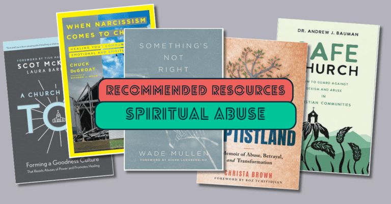 Pictured is an assortment of book covers taken from those recommended on this page. Superimposed over the covers are the words "Recommended Resources: Spiritual Abuse"